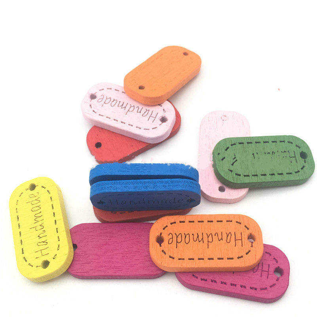 Logo personnalis&eacute; fait &agrave; la main, rectangle, 2 trous, artisanat de couture, plaque color&eacute;e, boutons en bois, &eacute;tiquette d'&eacute;tiquette
